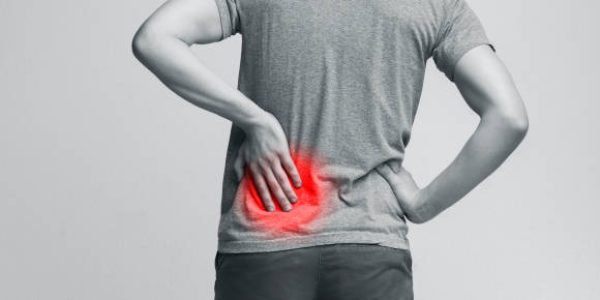 Kidneys pain, urolithiasis disease. Male body with inflamed loin, panorama